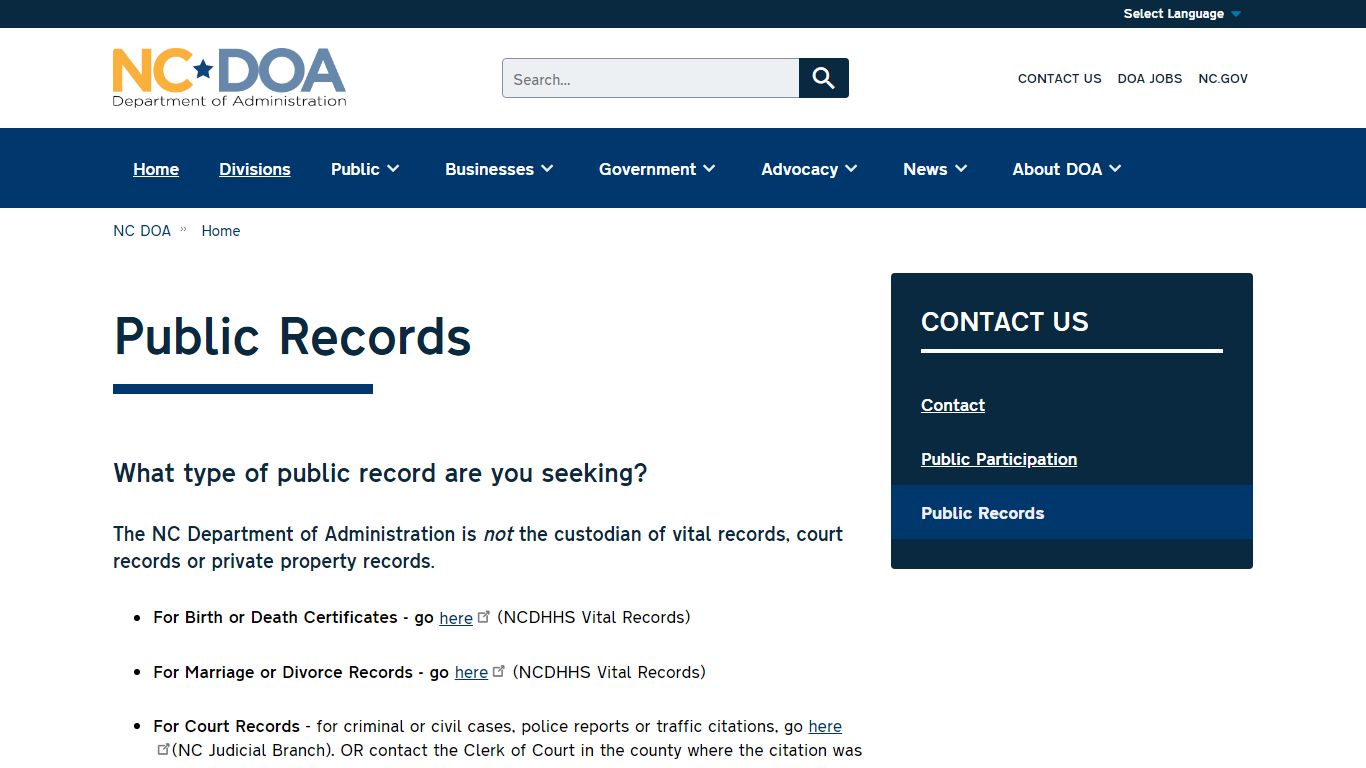 NC DOA : Public Records